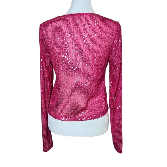 Chelsea & Violet Pink Sequin Top Festive Boxy Layering Semi Sheer Sz Small NEW - Picture 4 of 12